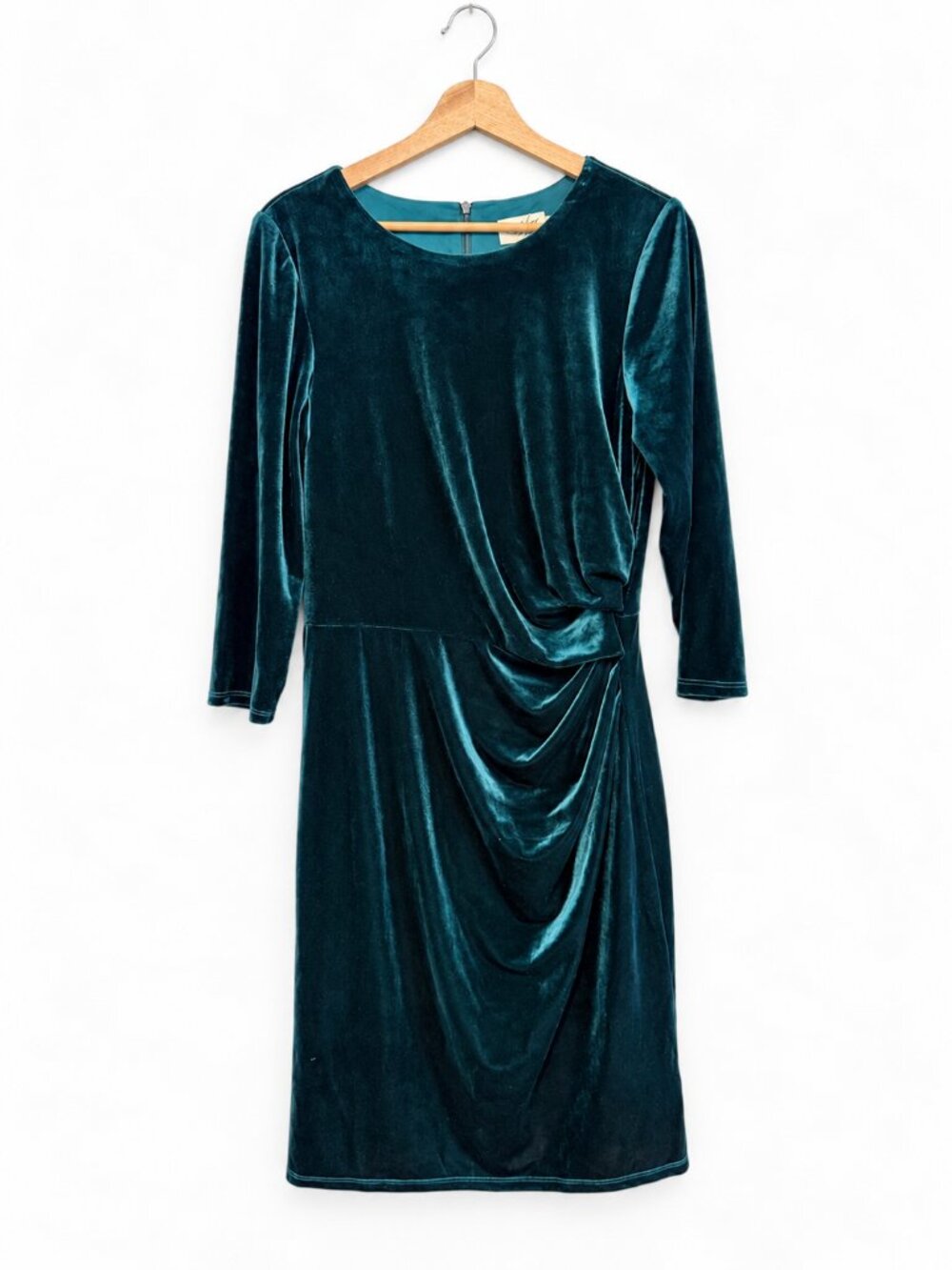 Eliza J Emerald Green Velvet Sheath Dress 14 Ruched Side Drape 3/4 Sleeve Holida